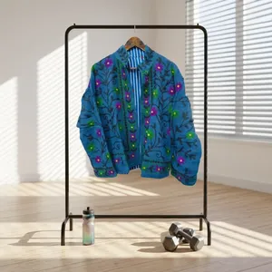 เสื้อแจ็คเก็ตไหมพรมคอตั้งสีน้ำเงินสำหรับผู้หญิง ลายดอกซูซานี  ผ้าแจ็คการ์ด แขนยาว เสื้อโค้ทฤดูหนาว ระบายอากาศได้ดี กันลม - Product Image 6