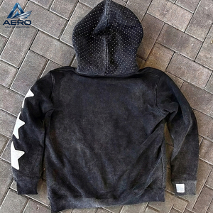 En gros, Sweats à capuche zippés pour hommes en polaire délavée à l'acide, avec strass rouges, texte imprimé en relief sur la manche et motif étoile - Product Image 4