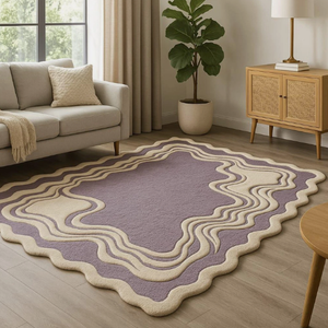 Tapis en laine tufté fait main, écologique, antidérapant, adapté aux animaux domestiques, pour enfants et adultes, design moderne, violet crème, pour la prière - Product Image 1