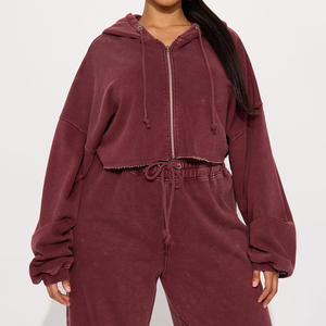 Acid Washed Fade Vintage Casual Solid Pleated Zipper Women 2-Piece Long <b>Set</b> Heavy Cotton Fleece Premium Sweatpants & Hoodie <b>Sets</b> - Product Image 4
