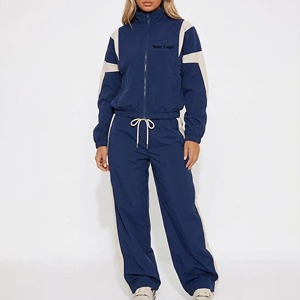 Conjunto Deportivo de 2 Piezas para Mujer, Chaqueta Cortavientos Ligera Informal con Bloques de Color Sólido y Pantalones Jogger Largos con Cierre - Product Image 1
