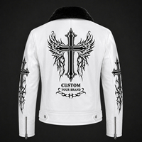 Veste en cuir blanc personnalisée pour homme, style gothique, imprimé croix, col en fausse fourrure, veste de motard, manteau d'hiver tendance, unisexe, confortable à porter