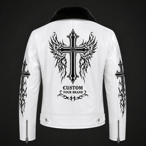 Veste en cuir blanc personnalisée pour homme, style gothique, imprimé croix, col en fausse fourrure, veste de motard, manteau d'hiver tendance, unisexe, confortable à porter - Product Image 2