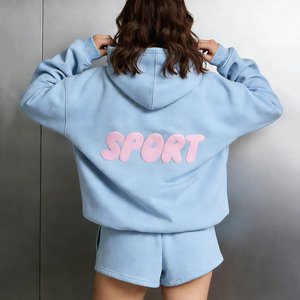 Sudadera con Capucha y Pantalones Cortos Personalizados para Mujer, Térmicos, Gruesos, 500 GSM 350 GSM, de Poliéster/Algodón, con Forro Polar, Bordados, Talla Grande - Product Image 4