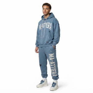 Custom Blue Washed Distressed <b>Oversized</b> Hoodie and Jogger <b>Sweatpants</b> Men Two Piece Streetwear Tracksuit Set - Product Image 1