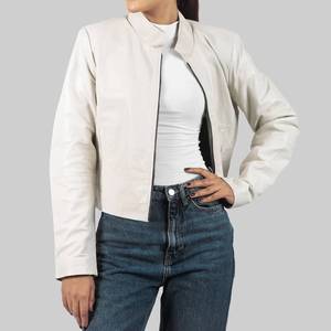 Julia Womens <b>White</b> Breathable Genuine Leather <b>Jacket</b> Stand Collar Zipper Closure - Leather <b>Jacket</b> <b>White</b> - Product Image 2