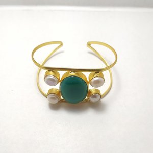 <b>Gemstone</b> Cuff <b>Bracelet</b> with Pearls and Green Onyx Gold Adjustable Open Bangle Design Fashion Cuff <b>Bracelets</b> - Product Image 2