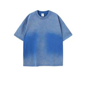 T-shirt décontracté pour homme, coupe oversize, teinture dégradée, manches courtes, col rond, 100 % coton tricoté, respirant, couleur unie bleu - Product Image 1