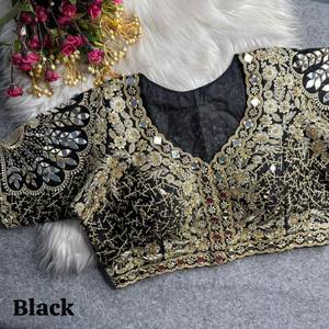 Blouse prête-à-porter entièrement cousue en soie italienne avec fusion de tricot, ornée de sequins et de broderies miroir, par le créateur Zari. - Product Image 1