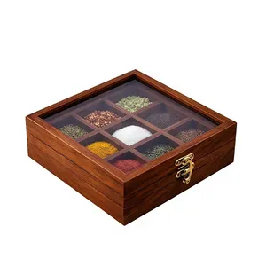 Boîte à épices décorative en bois brun naturel, boîte à épices carrée, organisateur de rangement pour la maison et la cuisine - Product Image 5