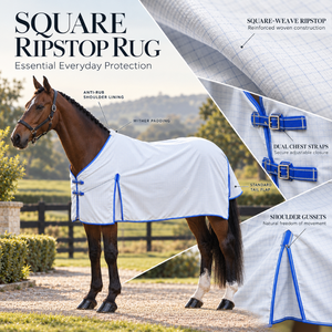 Couverture classique pour cheval en ripstop blanc carré avec bordure bleue et protection de soufflet |   Harnais standard pour chevaux avec double sangle de poitrine et épaulettes - Product Image 5