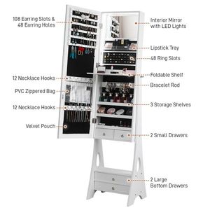 White Full Mirror Jewelry Storage Mirror Cabinet 2 Large Drawers Wood Flooring Style Natural Light Strip for Organizing Jewelry - Product Image 6