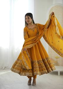 Fully Stitched Ready Wear 100% Pure <b>Silk</b> <b>Fabric</b> Anarkali Gown & Salwar Kameez Stole with Huge Flair Pattern for Wedding & Party - Product Image 3