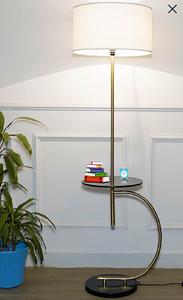Modern Brass Floor Lamp With Side Table White Drum Shade LED Warm Light Living Room Decorative <b>Standing</b> Lamp - Product Image 2