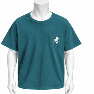 T-shirt délavé vert sarcelle avec poche poitrine, coupe ample et oversize, en coton délavé, manches courtes, style streetwear décontracté pour le quotidien - Product Image 1