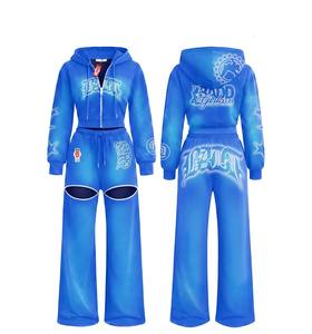 Conjunto de Sudadera con Capucha y Pantalones Deportivos de Dos Piezas con Cierre, Estilo Urbano, Bordado Desgastado Personalizado, para Mujer - Product Image 4