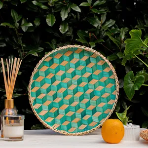 Vintage <b>Bamboo</b> Tray Round Serving Tray Decorative Trays Green Food Tray Serving Dishes For Home <b>Table</b> Storage Organizer - Product Image 4