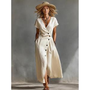 Premium <b>Yellow</b> <b>Linen</b> 100% Cotton Eco-Friendly Maxi <b>Dress</b> V-neck Cap Sleeve Wrap Style Breathable A-Line Silhouette Natural Waist - Product Image 2