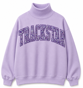 Custom Trackstar Flame Pattern Letter Applique Women's Oversized Lavender Mock <b>Neck</b> Cotton Fleece Sweatshirt - Product Image 1