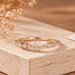 14 Round Brilliant Cut Stone Lab Grown Diamond Wedding <b>Ring</b> Band Curved Chevron <b>Stacking</b> for Parties 10k 14k 18k Solid Gold - Product Image 5