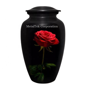 Urne funéraire noire en aluminium de style américain Impression de roses rouges Urne funéraire décorative en métal laqué Pots funéraires pour cendres d'adultes - Product Image 1