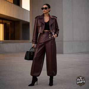Ensemble de survêtement en cuir PU marron pour femme Twill Sports, manches longues, fermeture éclair sur le devant, coupe ample élégante pour l'automne - Product Image 4