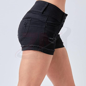 Shorts de Mezclilla Desgastados de Cintura Alta para Mujer, Corte Ajustado, Color Negro Sólido, Shorts Casuales de Verano con Detalles de Agujeros y Logotipo Personalizado - Product Image 4