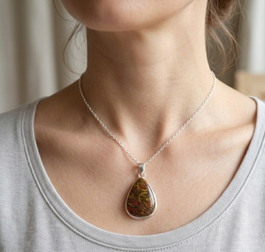 Grand collier pendentif goutte d'eau en agate marocaine, en argent sterling 925 plaqué or rose et or jaune, bijoux artisanaux en pierres précieuses - Product Image 2