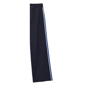 Pantalon large bleu marine pour femme avec bande latérale, taille à cordon, décontracté, en polyester tricoté, longueur intégrale, style printemps - Product Image 4