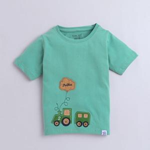 Camiseta Polka Tots Media Manga 100% Algodón Tela Antibacteriana Tren Verde - Product Image 1