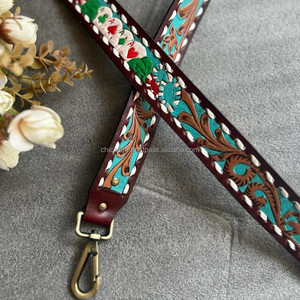 Nouveau véritable cuir véritable peint à la main sac de remplacement sangle Western personnalisé détachable guitare/caméra sangle avec bouton pression en laiton - Product Image 4