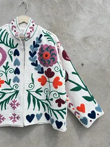 Women <b>White</b> Cotton Suzani Embroidered <b>Jacket</b> Multicolor Floral Handcrafted Boho Ethnic Stand Collar <b>Short</b> Coat - Product Image 3