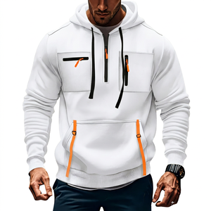 Sweat-shirt à capuche mi-zippé kaki pour homme avec plusieurs poches, fermeture éclair orange, vêtement décontracté pour l'extérieur, coupe classique, style automne - Product Image 4