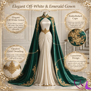 Elegante Vestido de Sirena Blanco con Capa Bordada en Verde Esmeralda |   Vestido de noche de diseñador de lujo con cuello alto para eventos de gala - Product Image 6