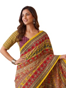 RN Traditional Indian Ethnic Digital Ajrak Print Elegant <b>Saree</b> Mirror Work for Women <b>Red</b> Yellow Floor Length Polyester Quick Dry - Product Image 3