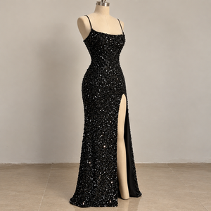 Robe de soirée noire à paillettes, sans manches, longueur au sol, style sirène, fente haute, col en V, tenue de soirée formelle - Product Image 1