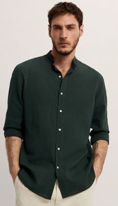 Camisa de Hombre con Cuello Mao, Manga Larga, Estilo Casual con Botones, Ligera, Transpirable, de Secado Rápido, Poliéster/Algodón, Teñido Liso - Product Image 5