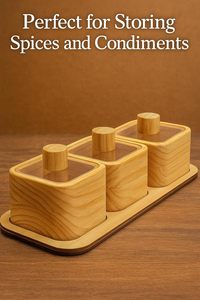 Wooden <b>Spice</b> Jar Set With Lid Carved Design Modern Kitchen Storage Container Three Piece <b>Tray</b> Mounted - Product Image 2
