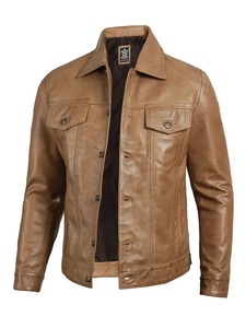 <b>Mens</b> Camel Brown <b>Trucker</b> Leather <b>Jacket</b> - Product Image 2