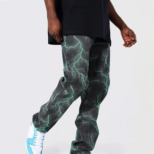 Men Lightning Print Baggy Jeans Acid Wash Graphic Denim <b>Pants</b> Y2K Streetwear Relaxed Fit OEM Custom - Product Image 1