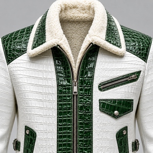 Veste de moto en fausse fourrure d'hiver pour homme, vert et blanc, en cuir croco - Product Image 6