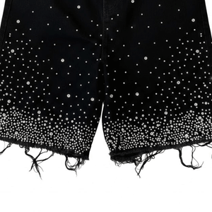 Shorts en jean décontractés pour hommes, 100 % coton, couleur unie, délavés, ornés de strass, logo personnalisé, coupe ample, taille élastique - Product Image 4