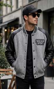 Veste universitaire pour homme en laine avec manches en cuir, style baseball, patch brodé, col rond, décontractée, hiver, polaire, streetwear - Product Image 5