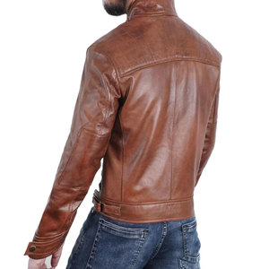 Veste en cuir véritable marron pour homme, col montant, coupe classique, couleur unie, style automne - Product Image 2