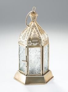 Décorations du Ramadan 2025 suspendues Mini lanternes porte-bougie marocaines en or avec verre floral - Product Image 2