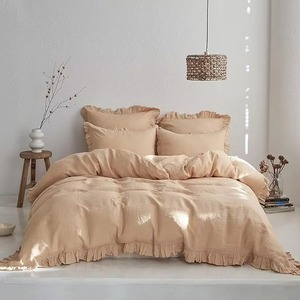 Ruffled Washed Linen Comforter Set Blue Solid <b>Bedding</b> with Pillow Shams for Home Bedroom - Product Image 2