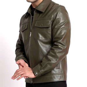 Veste en cuir véritable pour homme, style workwear, col rabattu, fermeture éclair, vert olive, coupe classique, pour l'automne - Product Image 4