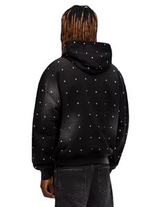 Sweat à capuche zippé Streetwear personnalisé en coton épais noir, coupe oversize, avec impression intégrale délavée à l'acide et strass - Product Image 3