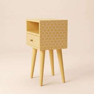 Mesita de Noche de Madera con Incrustaciones de Hueso Amarillo Hecha a Mano, con 1 Cajón, Patrón de Panal, Muebles Indios de Lujo - Product Image 3