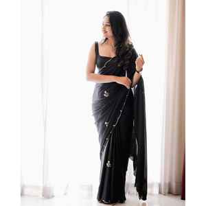 ATTRACTIVE CHINON TRAVAIL MANUEL PERLE DESIGN TRAVAIL SAREE AVEC CHEMISIER NON COUDU NOIR - Product Image 1